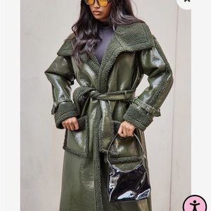 NWT PrettyLittleThing Green Vinyl Teddy Coat UK 8